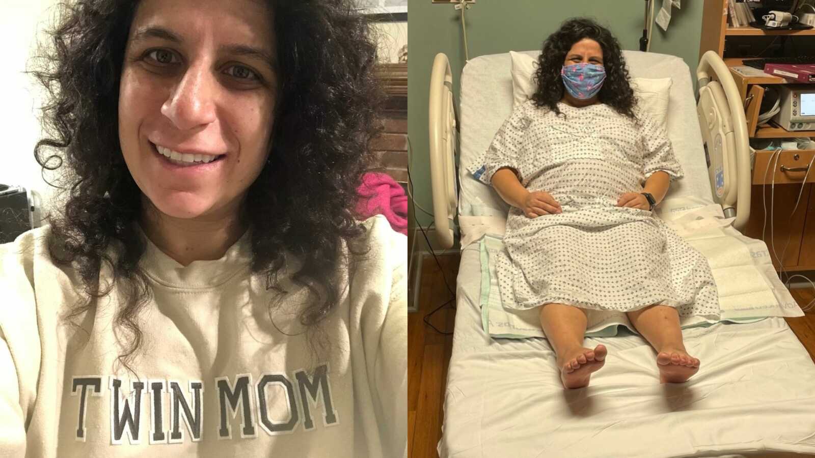 Twin mom in hospital bed during extended hospital stay
