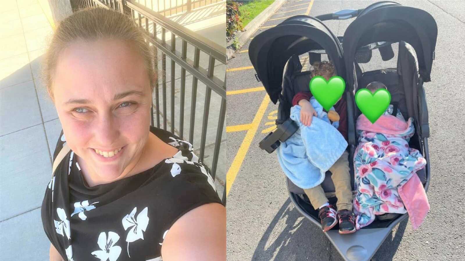 blind foster mom and two foster kids in stroller