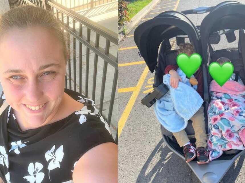 blind foster mom and two foster kids in stroller