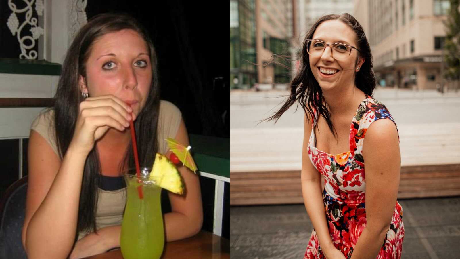 woman in active addiction vs after recovery